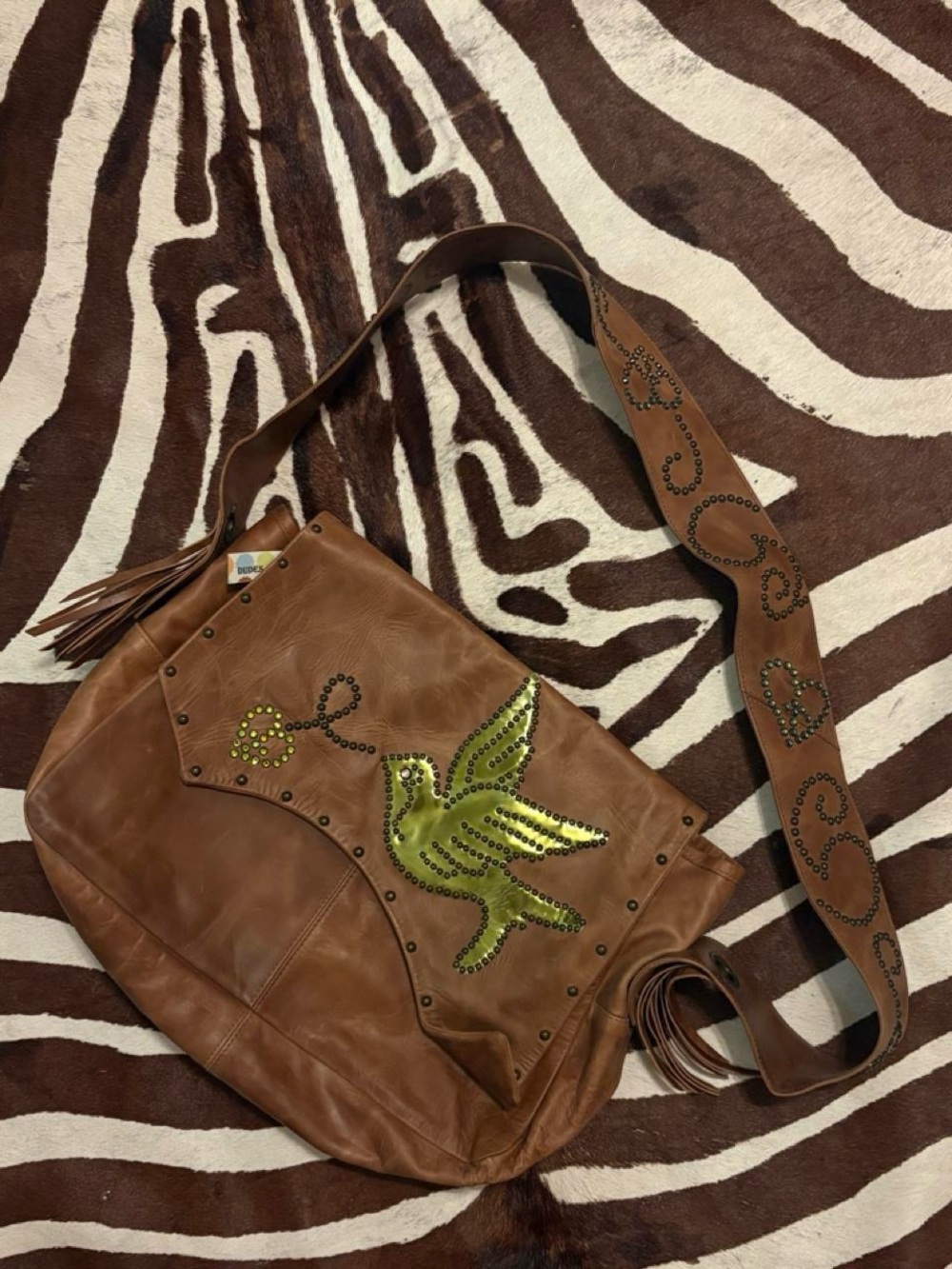 Brown Leather Shoulder Bag with Green Studded Bird Accent